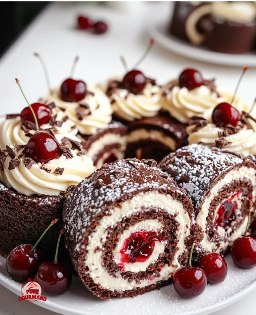 Delicious Black Forest Roll Cake with chocolate, cherries, and cream