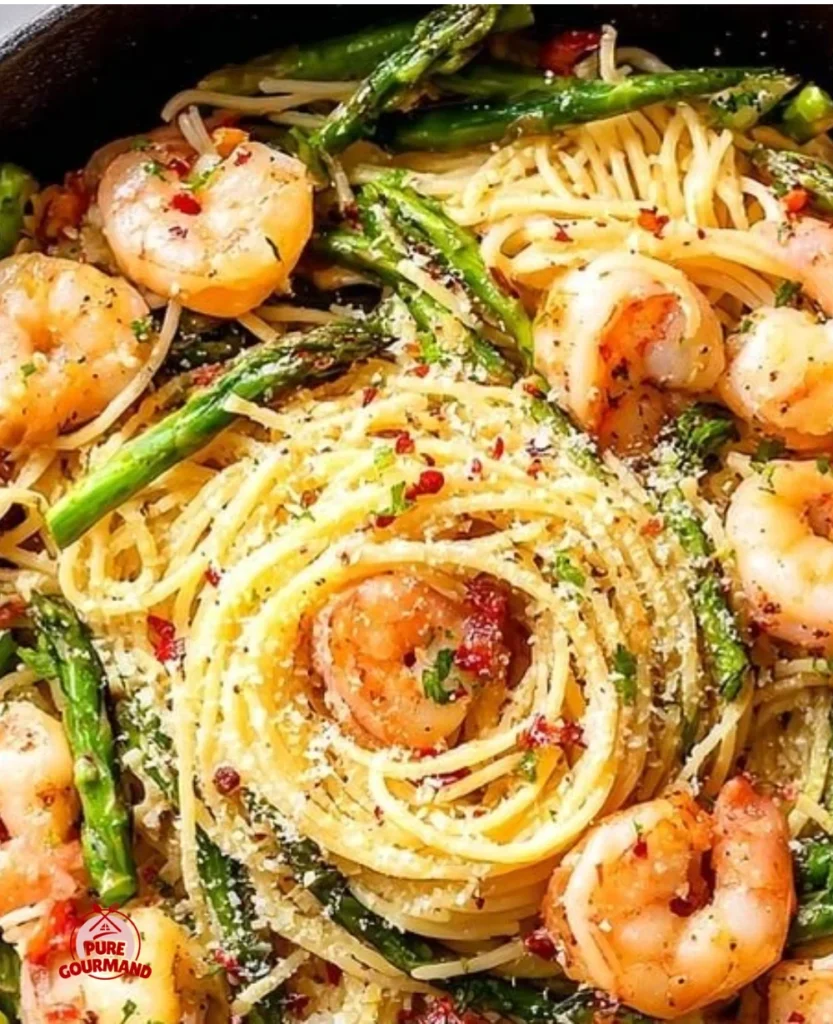 Bright Angel Hair pasta dish with shrimp and asparagus for a weeknight dinner