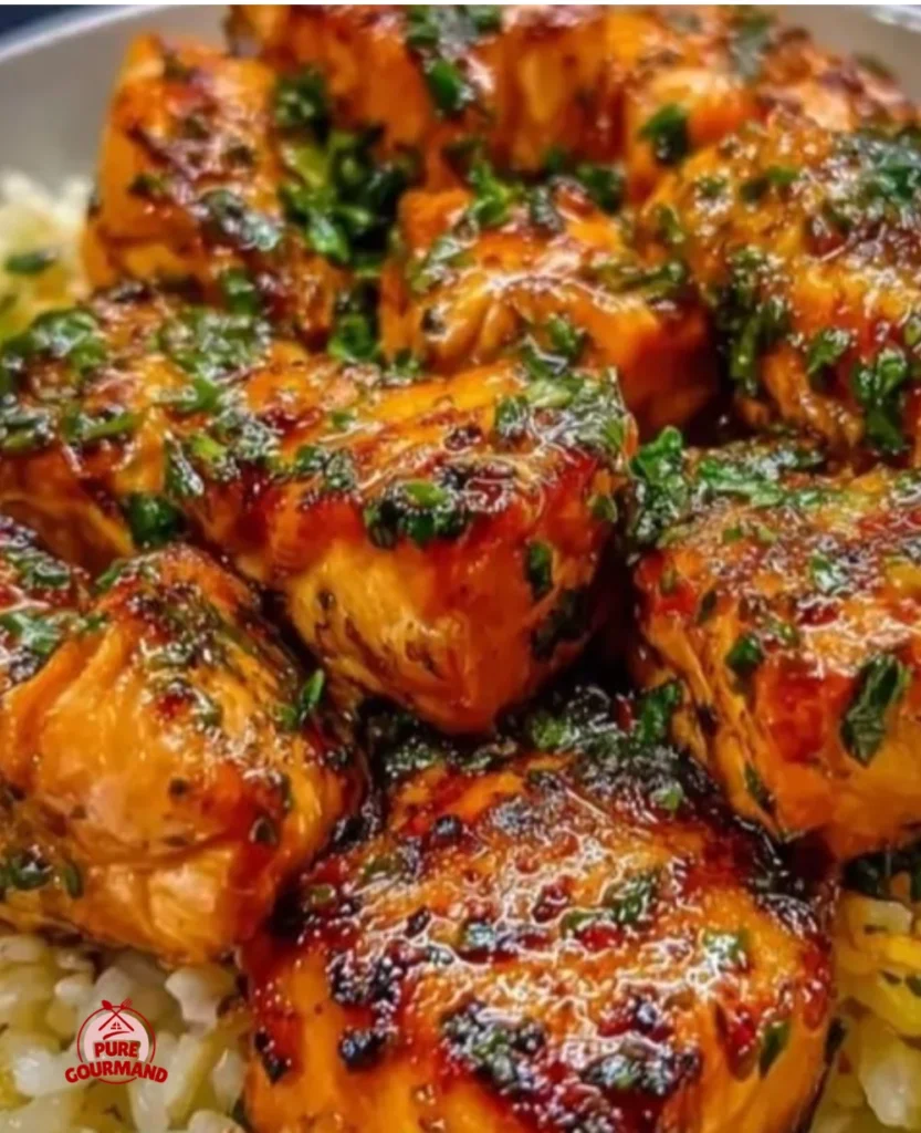 Bright Salmon with Lemon Rice served in a bowl, garnished with herbs.