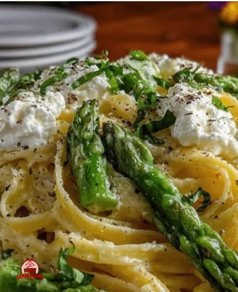 Bright spring pasta with creamy lemon ricotta and asparagus served in a bowl.