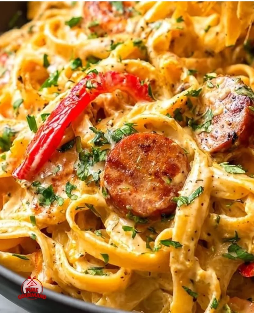 Cajun Creamy Jambalaya Pasta in a bowl garnished with fresh herbs