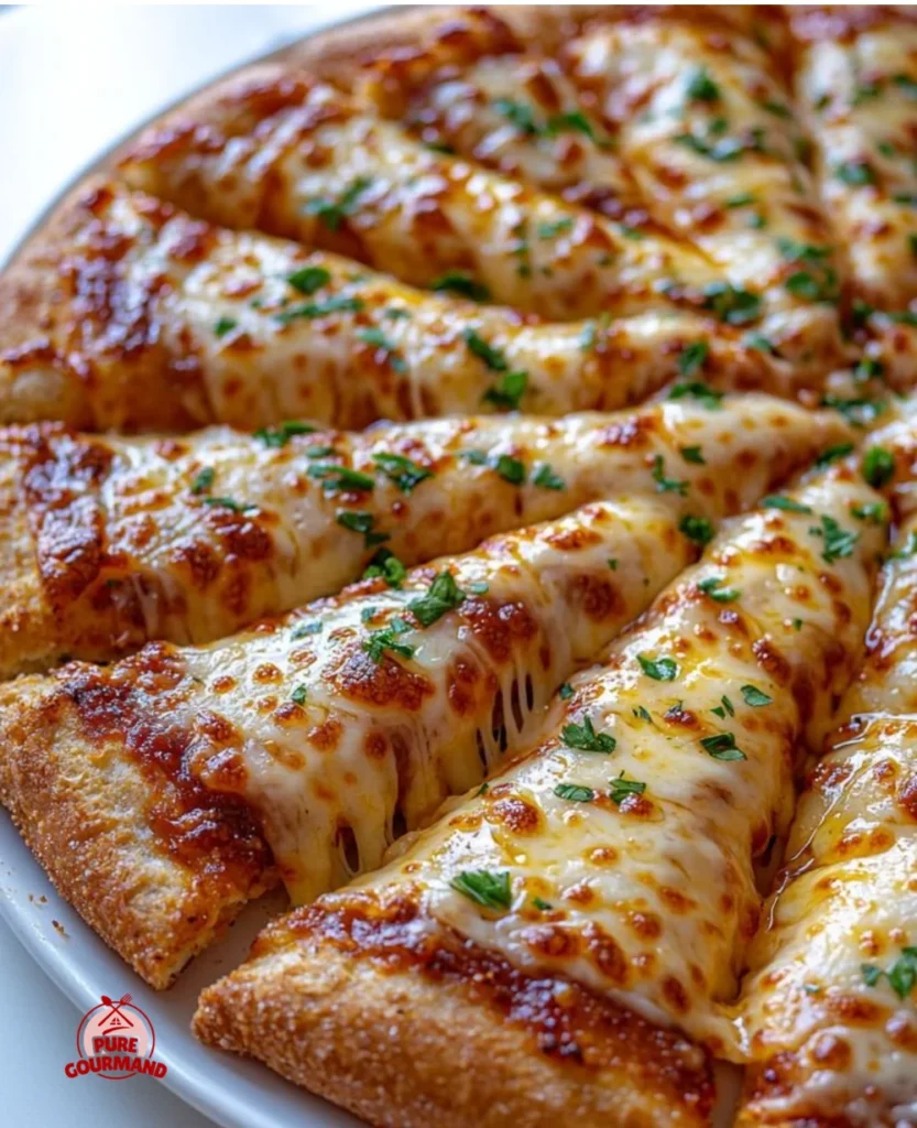 Cheesy garlic breadstick pizza topped with melted cheese and garlic for a flavorful experience.