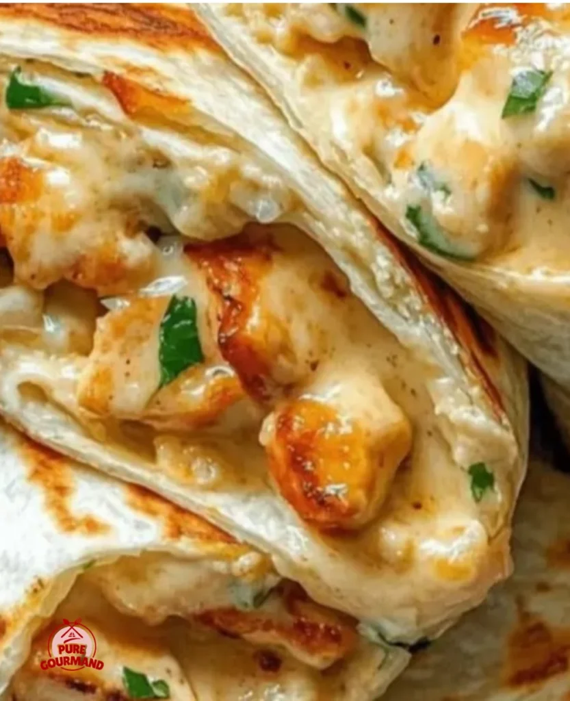 Cheesy garlic chicken wraps, crispy and creamy, served on a plate for a delicious meal.