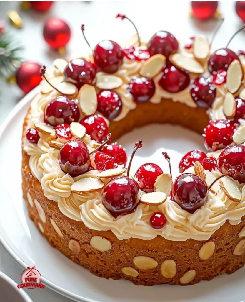 Cherry Almond Wreath Cake decorated with cherries and almonds