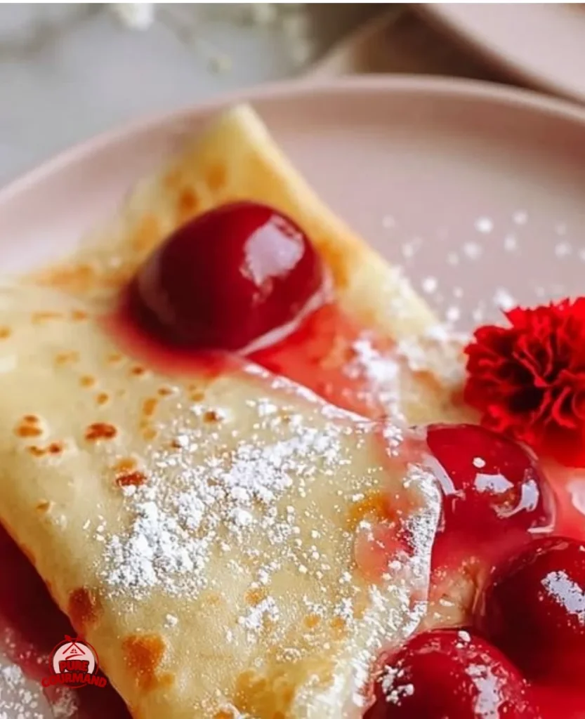 Delicious cherry crepes topped with fresh cherries and whipped cream