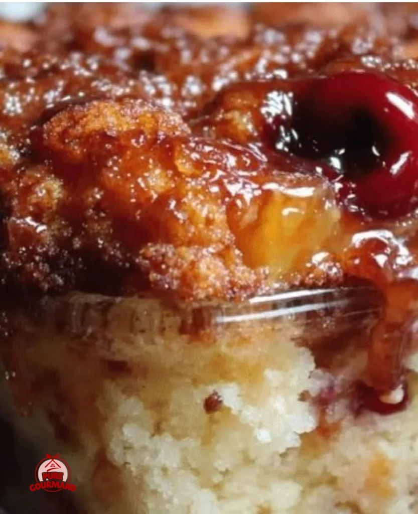Delicious Cherry Pineapple Dump Cake topped with cherries and pineapple