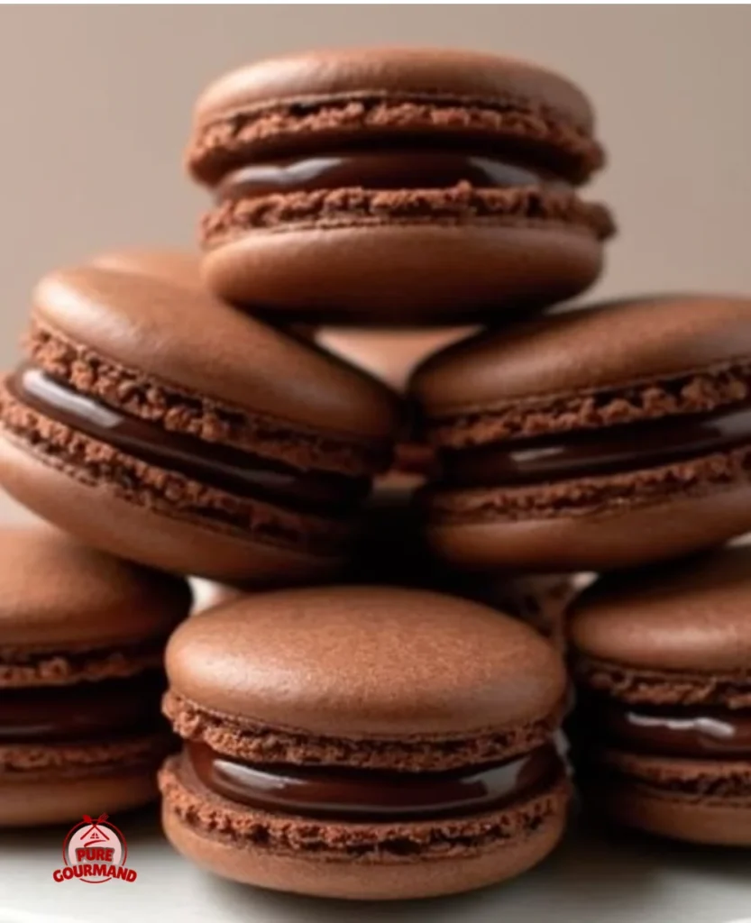 Delicious chocolate macarons displayed on a rustic kitchen table