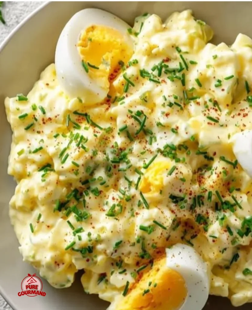Bowl of creamy classic egg salad garnished with herbs