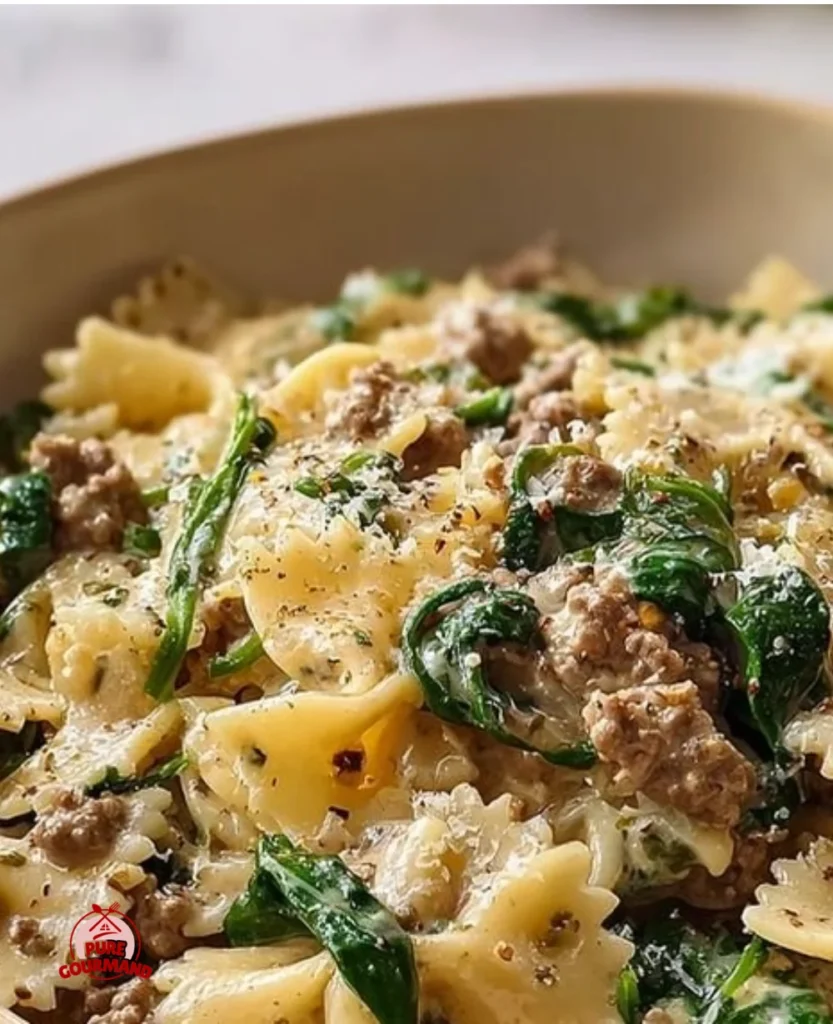 Comforting crockpot ground beef pasta in a bowl with fresh herbs