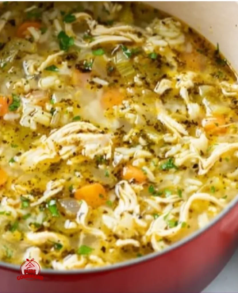Bowl of homemade chicken and rice soup with vegetables and herbs
