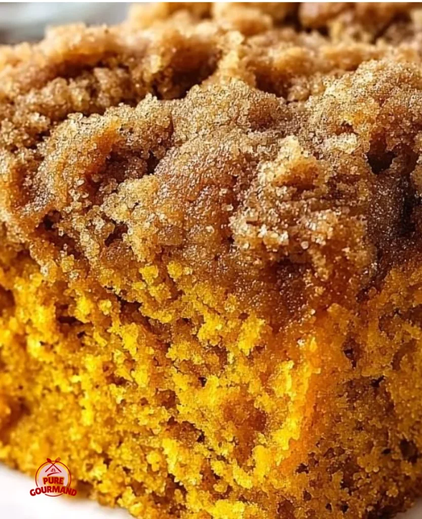 Cozy pumpkin coffee cake topped with spices and served on a rustic table.