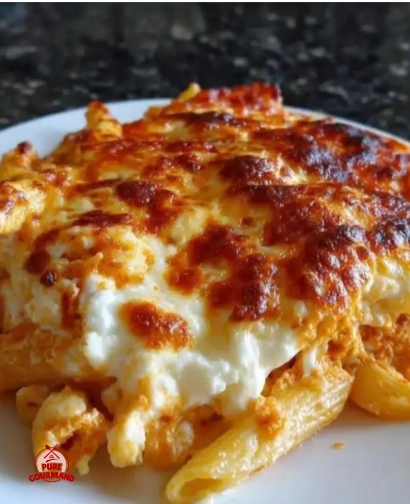 Creamy baked pasta with ricotta topped with herbs and cheese