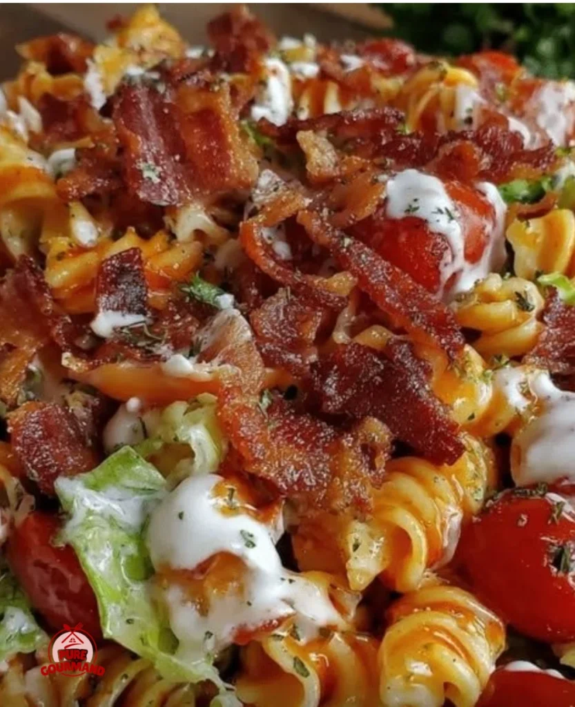 Creamy BLT pasta salad with bacon, lettuce, and tomatoes in a bowl