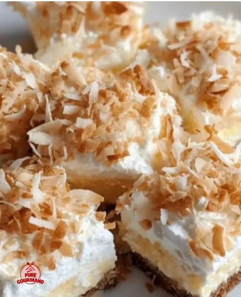 Delicious creamy coconut bars served on a sunny table