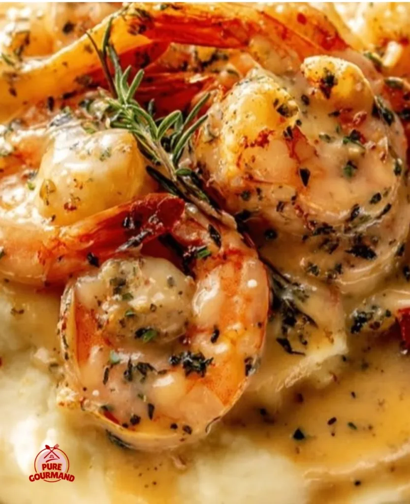 Delicious creamy garlic shrimp served over fluffy mashed potatoes
