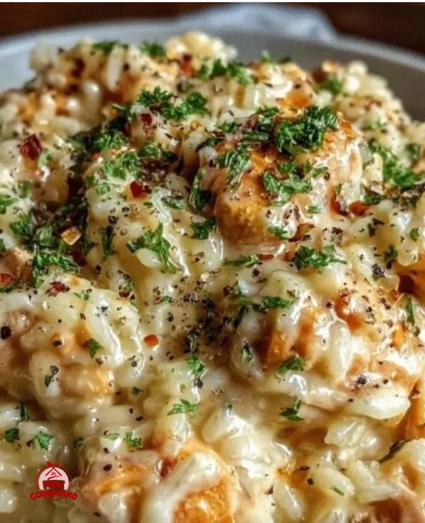Creamy Instant Pot chicken and rice dish served in a bowl