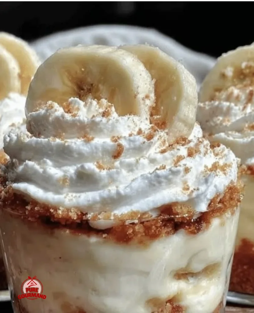 Creamy no-bake banana pudding cheesecake cups topped with fresh bananas