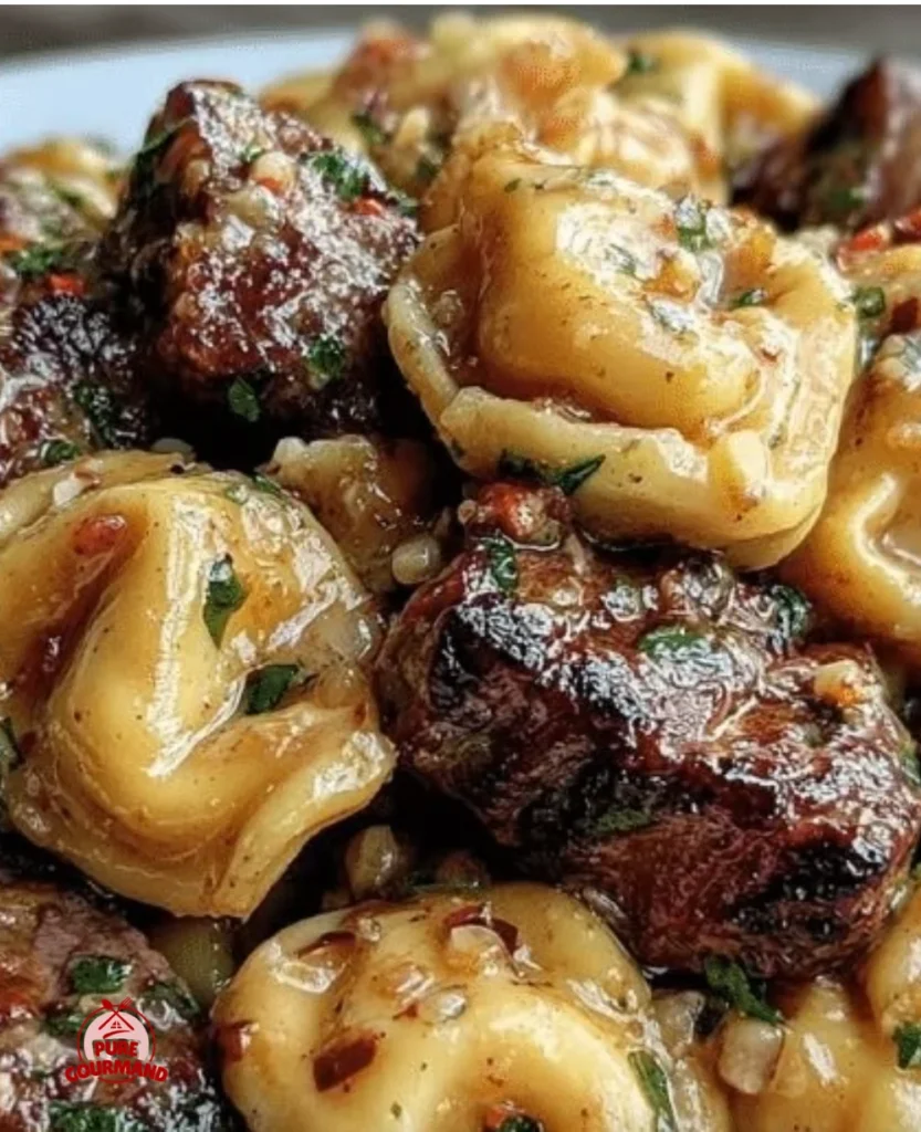 Creamy one pot cowboy butter steak with tortellini served in a skillet