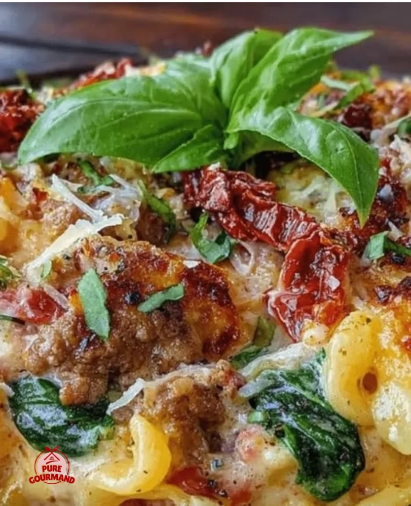 Creamy one-pot Tuscan ground beef pasta with fresh herbs and cheese