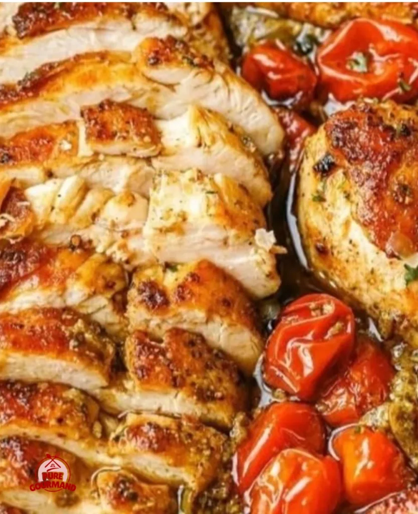 Creamy pesto chicken dish served on a plate garnished with herbs.