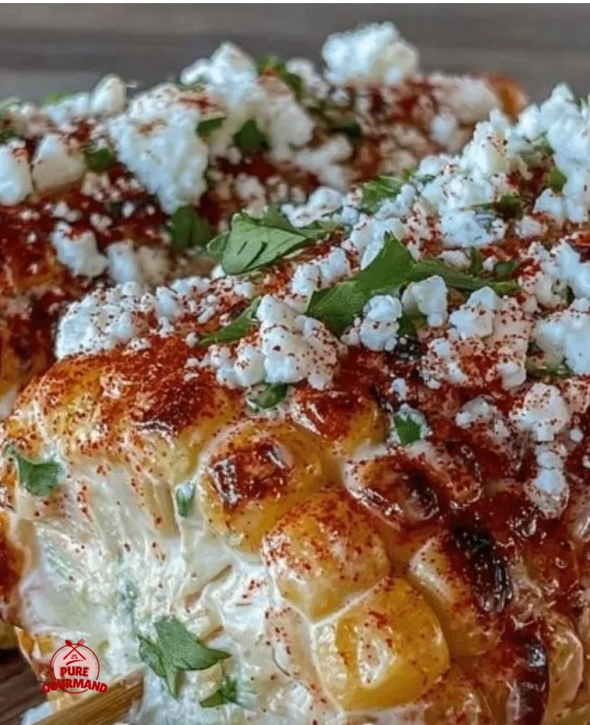 Creamy spicy elote Mexican street corn served on a plate