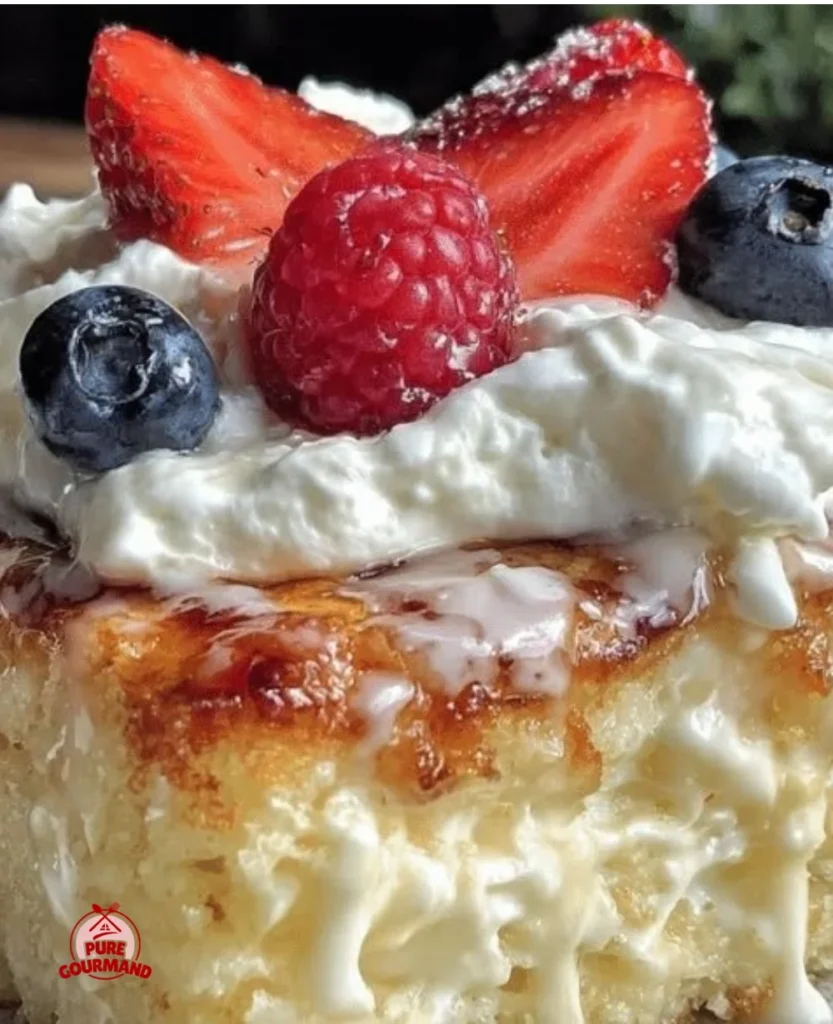Delicious creamy Tres Leches Cake topped with whipped cream and fresh berries