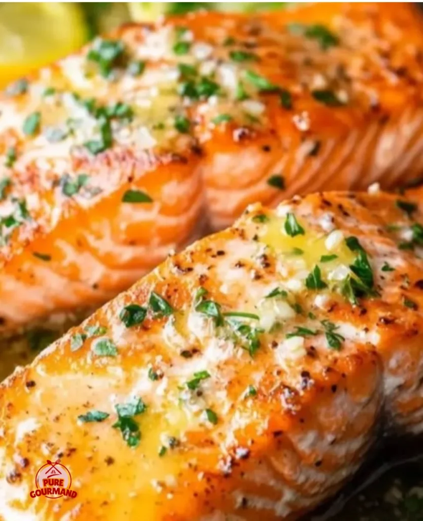 Crisp-skinned pan seared salmon fillet with lemon butter sauce on a plate
