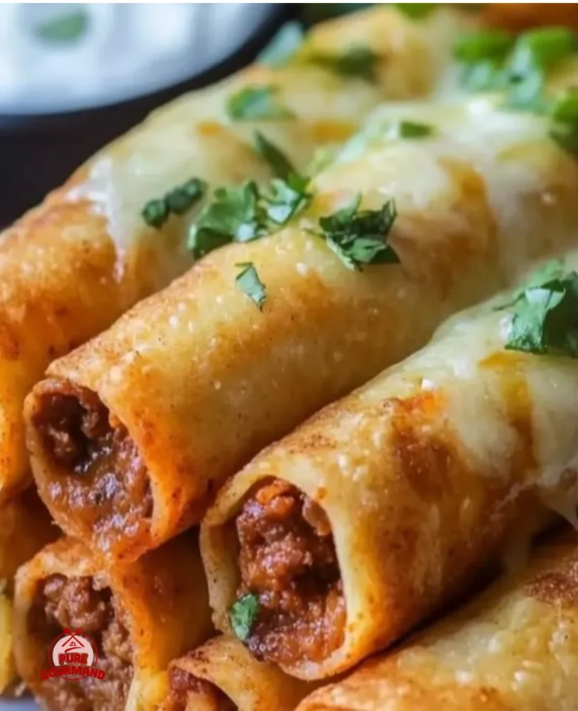 Crispy cheesy beef taquitos served on a plate, perfect for family meals.