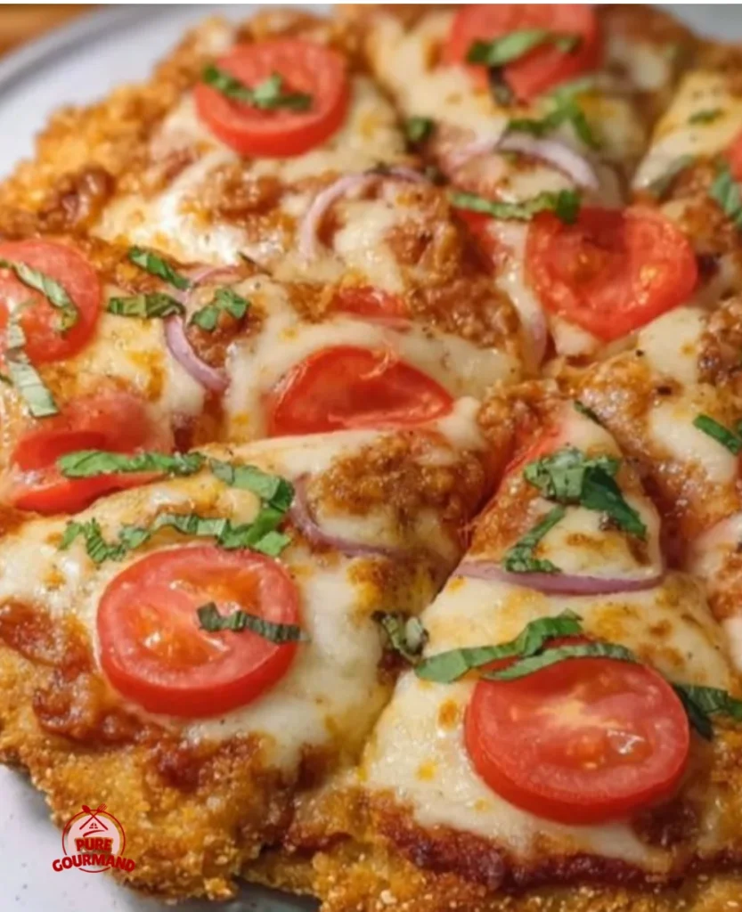 Crispy chicken crust pizza slice on a cozy dining table, garnished with herbs