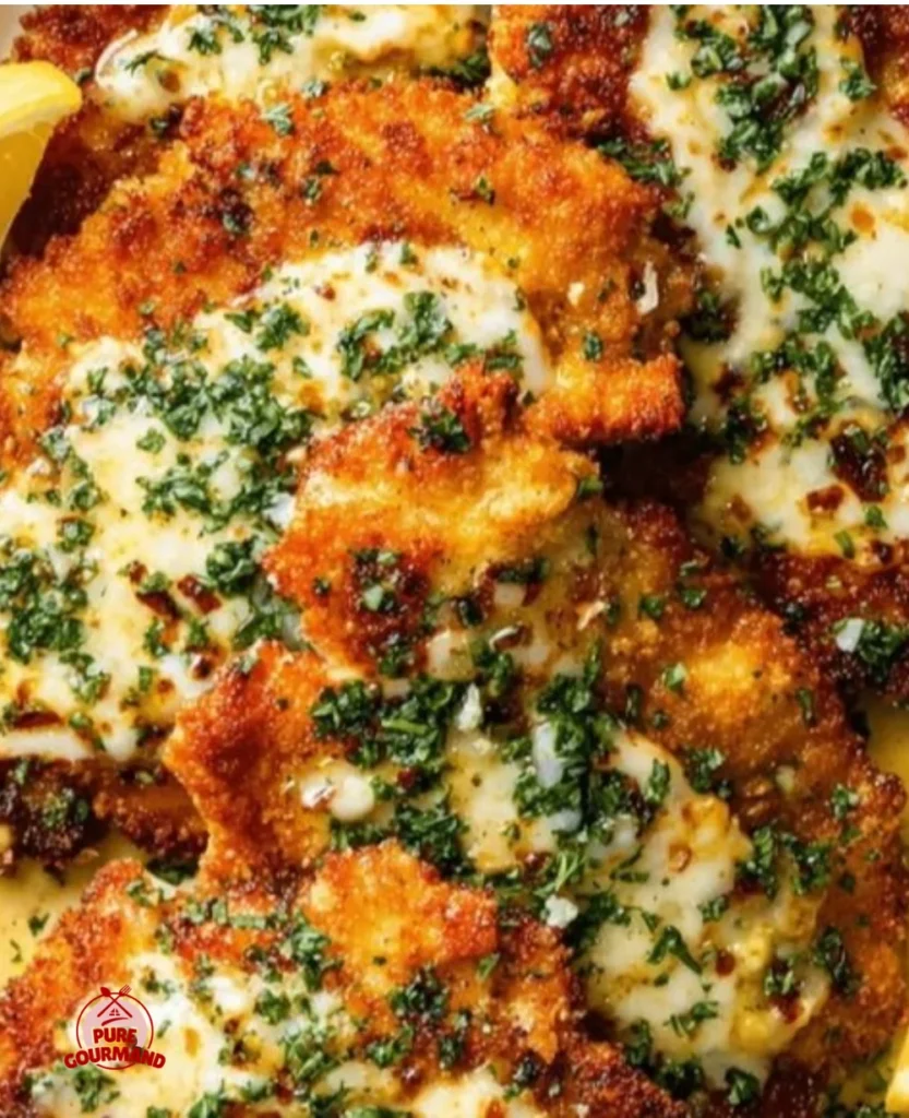 Crispy chicken cutlets served with lemon garlic butter sauce on a plate