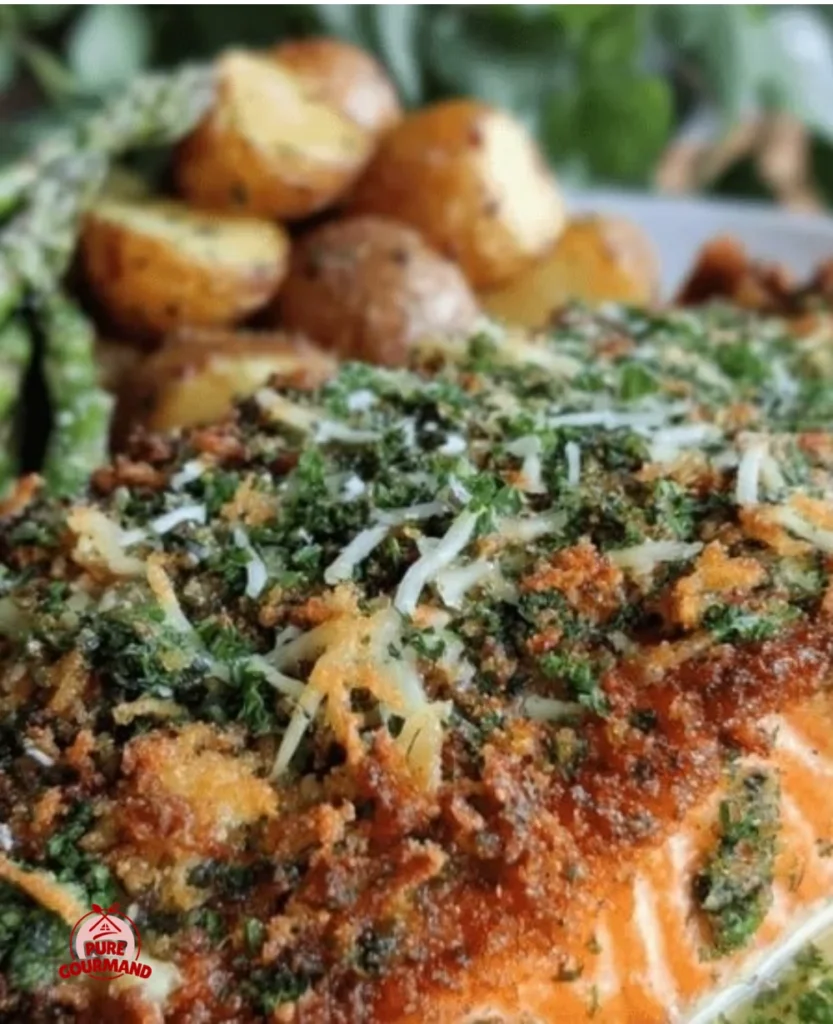 Crispy herb-crusted salmon fillet served with lemon dill sauce on a plate.