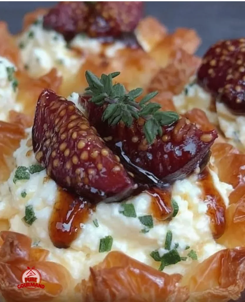 Crispy herbed goat cheese phyllo cups topped with fig balsamic glaze