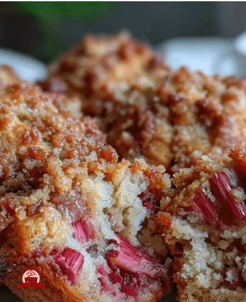 Crispy rhubarb muffins with brown butter streusel on a plate