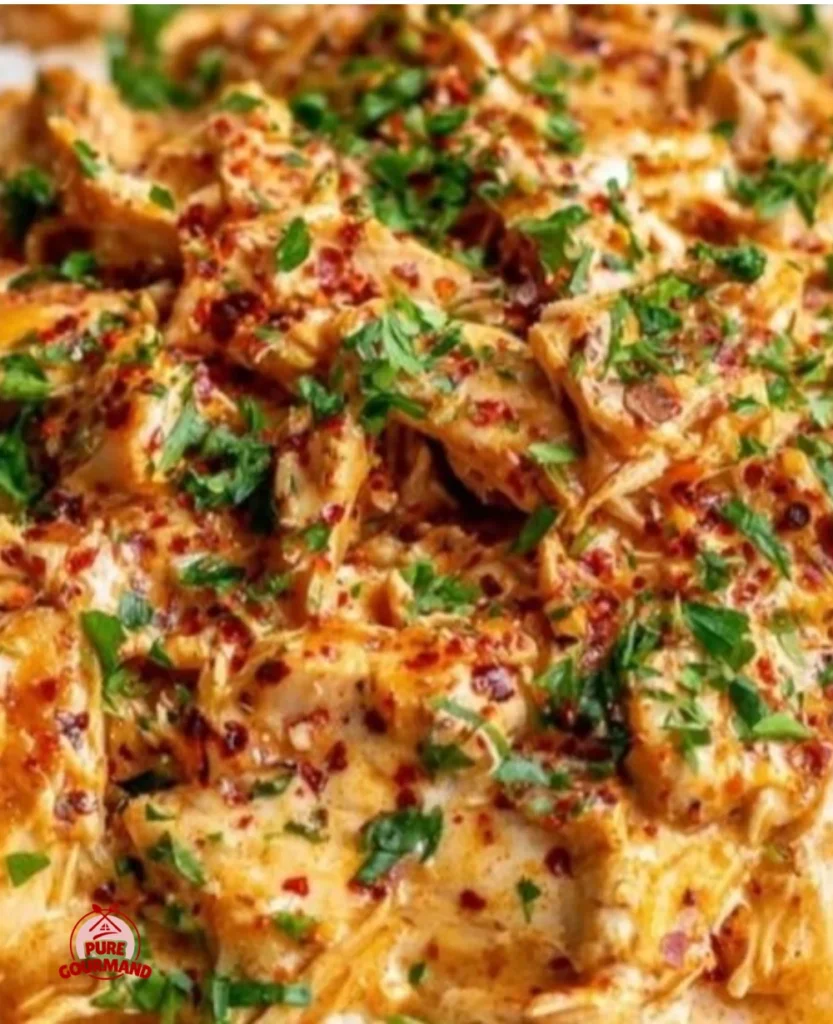 Delicious Crockpot Cajun Butter Chicken garnished with herbs and spices.