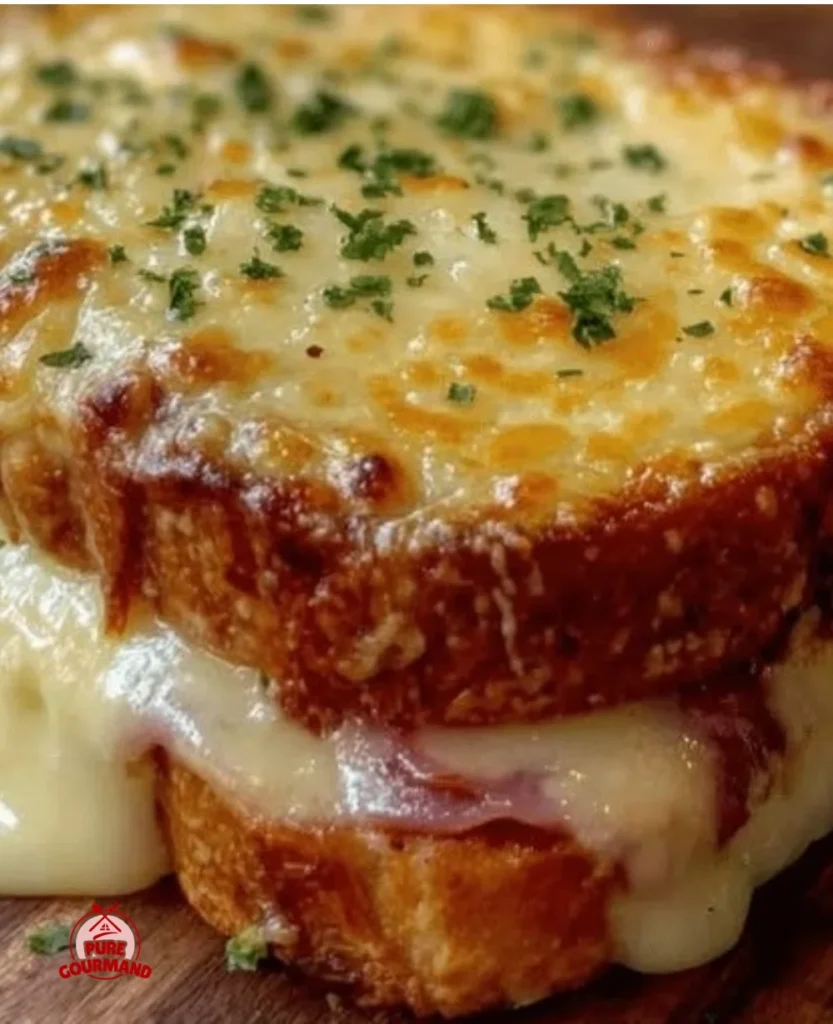 Homemade Croque Monsieur sandwich with ham and cheese on a plate