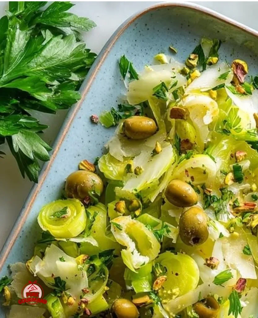 Delicious crunchy Italian celery and olive salad served in a bowl