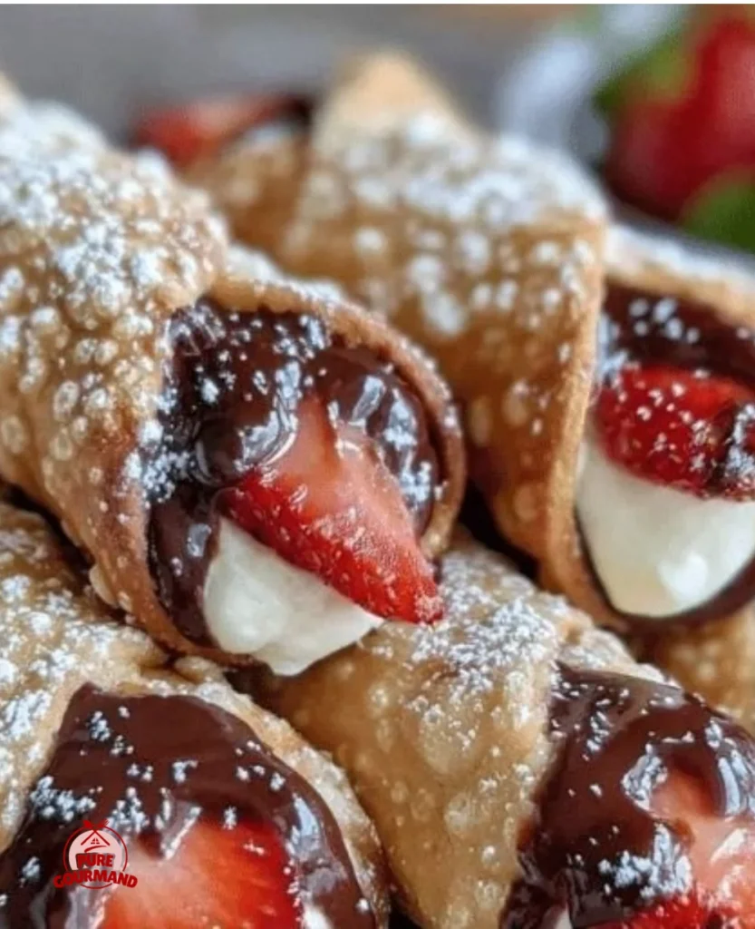 Decadent chocolate-covered strawberry cannoli filled with creamy goodness.