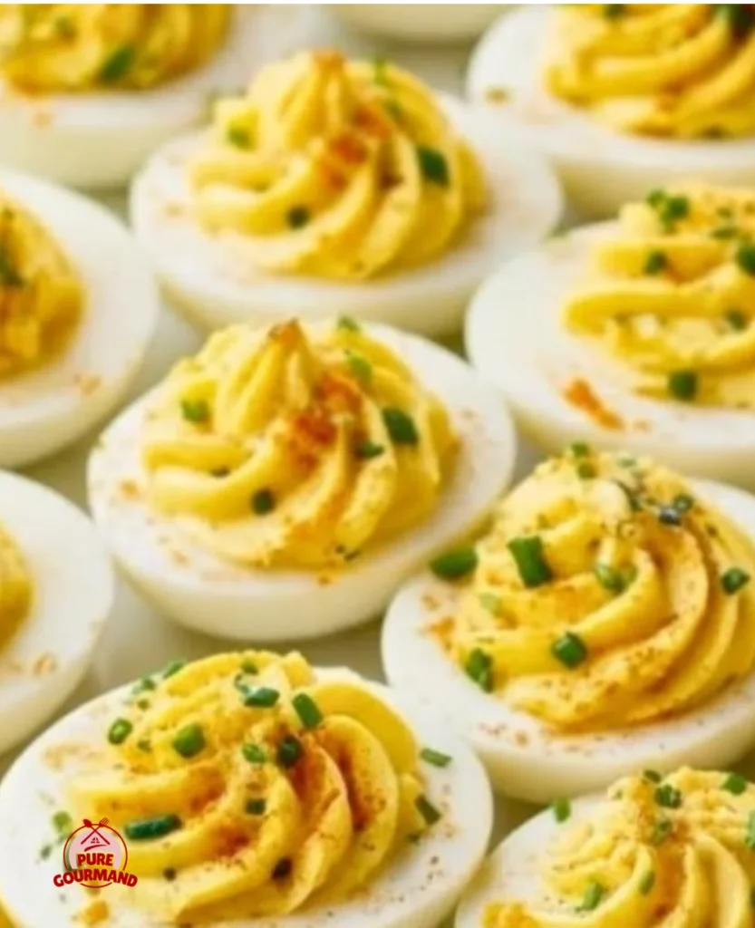 Deliciously garnished deviled eggs on a serving platter