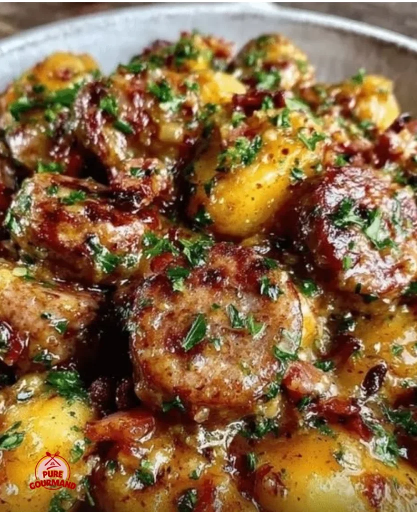 Delicious Dublin Coddle stew with sausage and bacon in a cozy Irish setting.