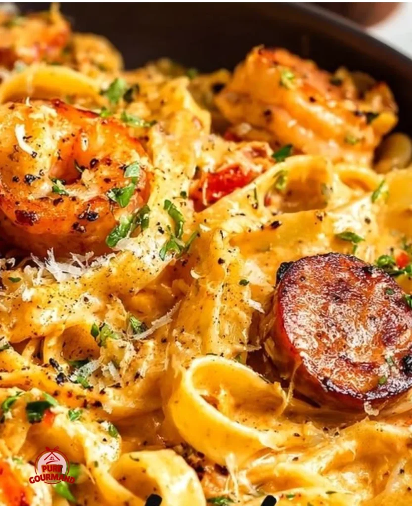 Creamy jambalaya pasta dish with shrimp, sausage, and spices