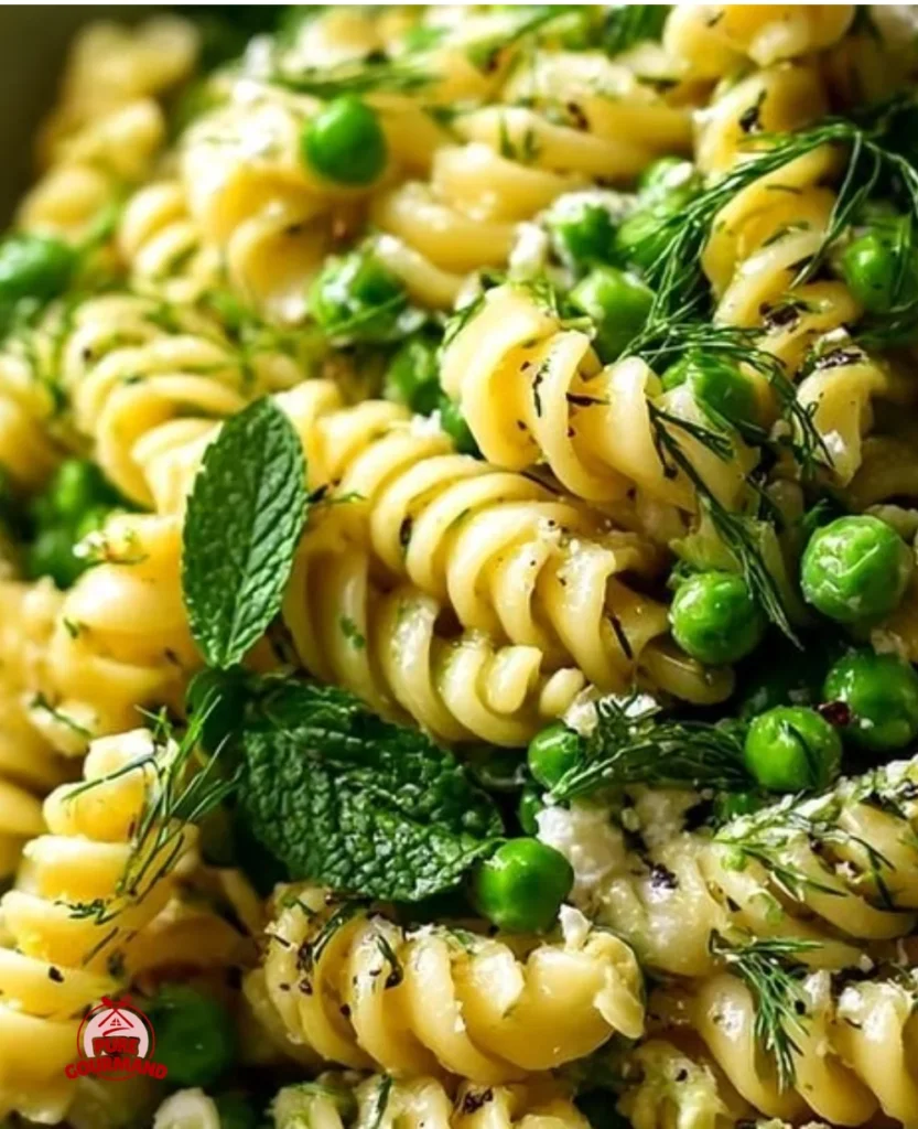 Easy herbed pea and lemon pasta salad with fresh ingredients