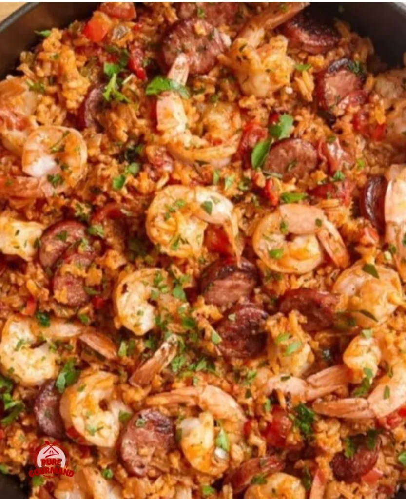 Bowl of easy jambalaya with shrimp, sausage, and rice