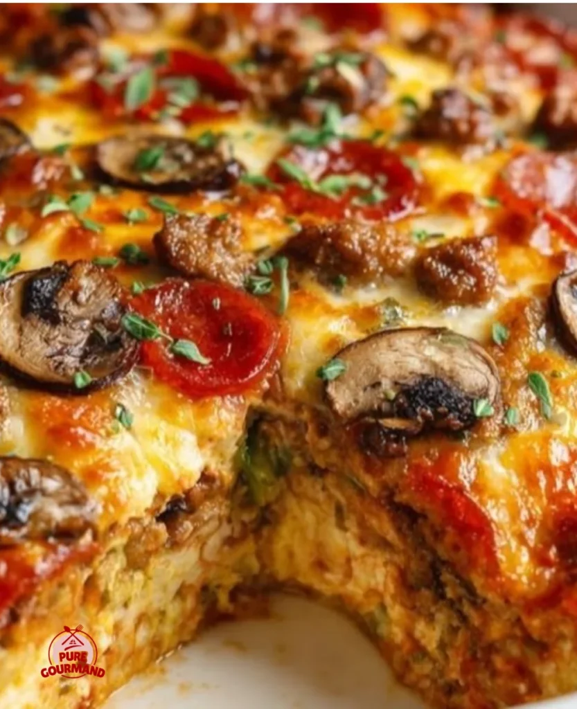 Delicious keto pizza casserole served in a dish, low-carb crustless comfort food.