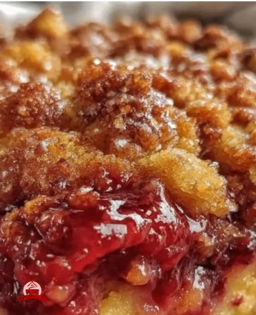 Delicious rhubarb dump cake topped with a buttery crunchy layer served in a cozy setting.