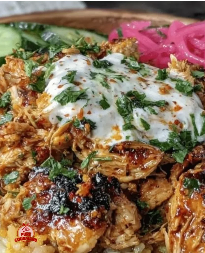 Delicious easy slow cooker chicken shawarma bowl recipe with fresh toppings