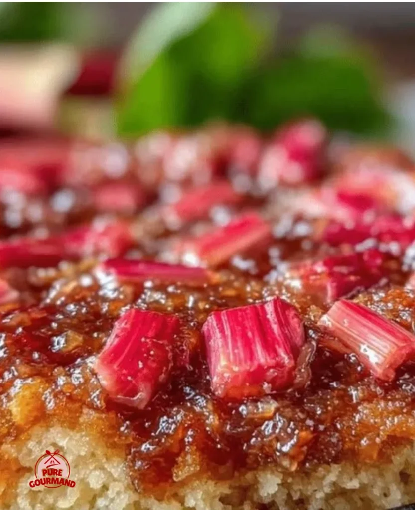 Easy Tangy Rhubarb Upside-Down Skillet Cake served with a slice cut out