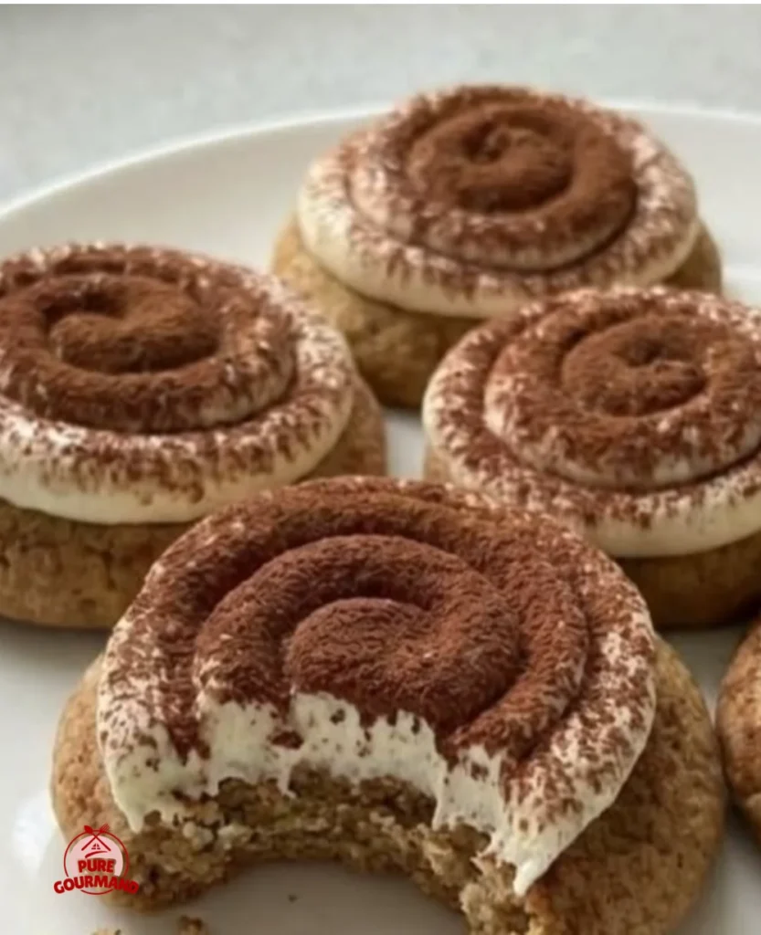 Plate of easy tiramisu cookies decorated with cocoa powder