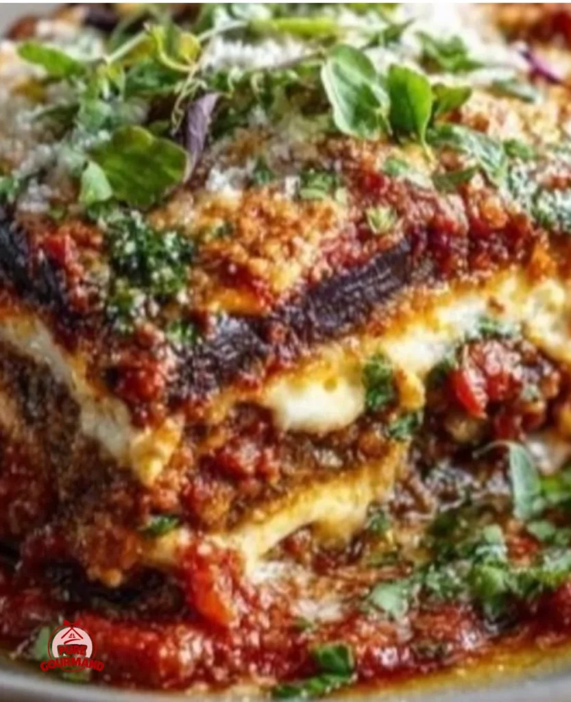 Deliciously layered Eggplant Parmesan with marinara and cheese