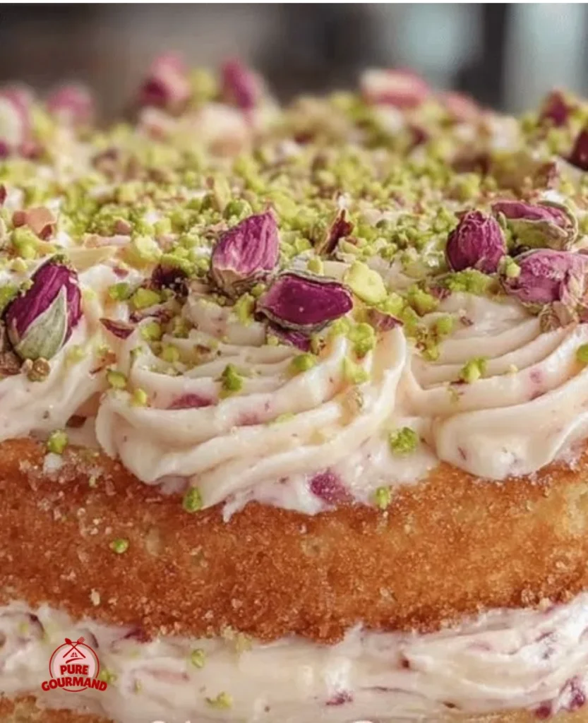 Elegant rose and pistachio naked cake with fresh flowers and layered frosting