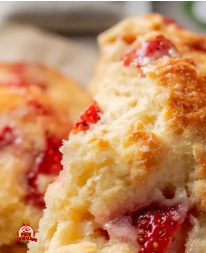 Freshly baked English strawberry scones on a wooden table